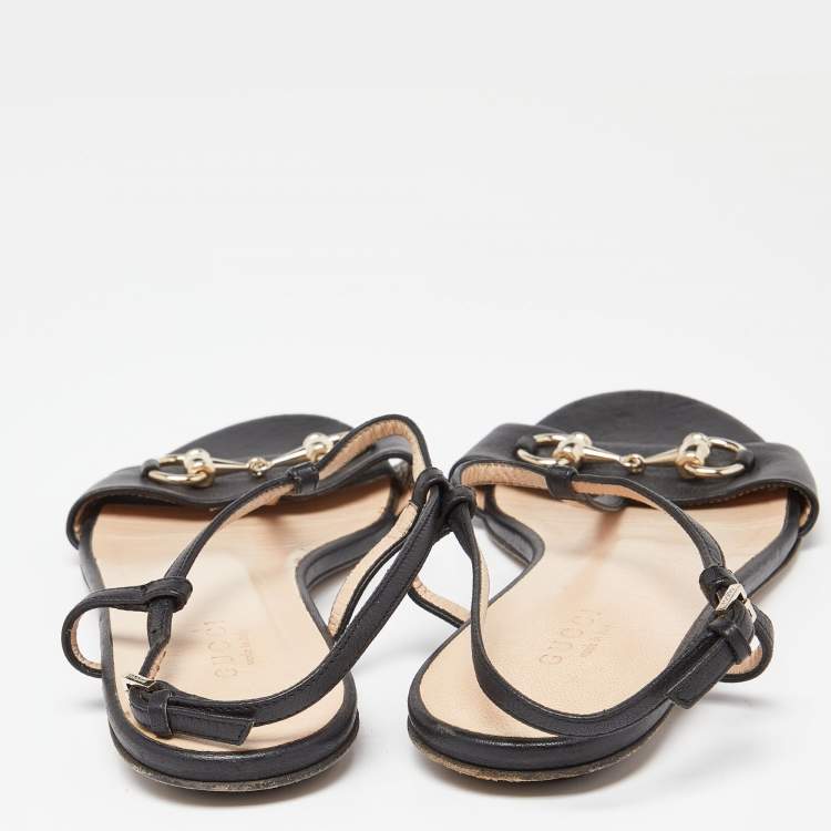 Pre Owned Gucci Black Leather Horsebit T-Strap Flat Sandals Size 36