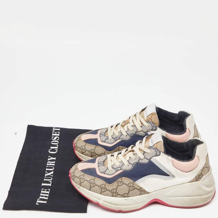 Pre Owned Gucci Multicolor Fabric and GG Supreme Canvas Rhyton Sneakers Size 38