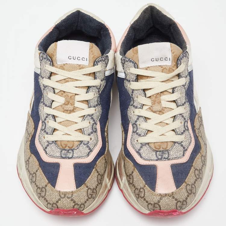 Pre Owned Gucci Multicolor Fabric and GG Supreme Canvas Rhyton Sneakers Size 38