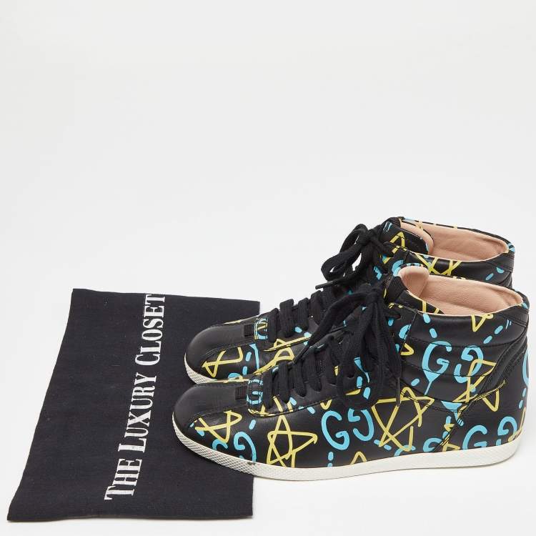 Pre Owned Gucci Black Graffiti Leather Ghost High Top Sneakers Size 35.5