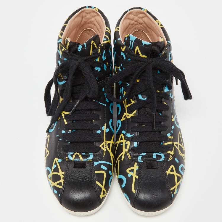 Pre Owned Gucci Black Graffiti Leather Ghost High Top Sneakers Size 35.5