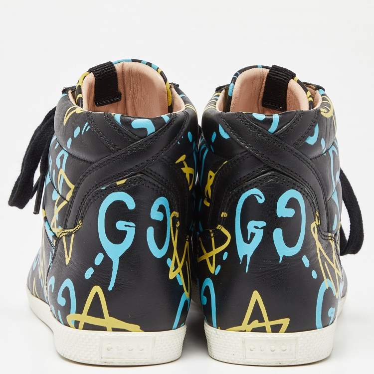 Pre Owned Gucci Black Graffiti Leather Ghost High Top Sneakers Size 35.5