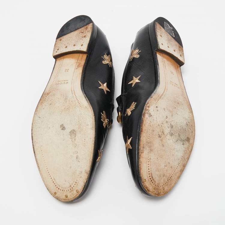 Pre Owned Gucci Black Leather Embroidered Slip On Loafers Size 38
