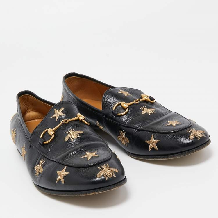 Pre Owned Gucci Black Leather Embroidered Slip On Loafers Size 38