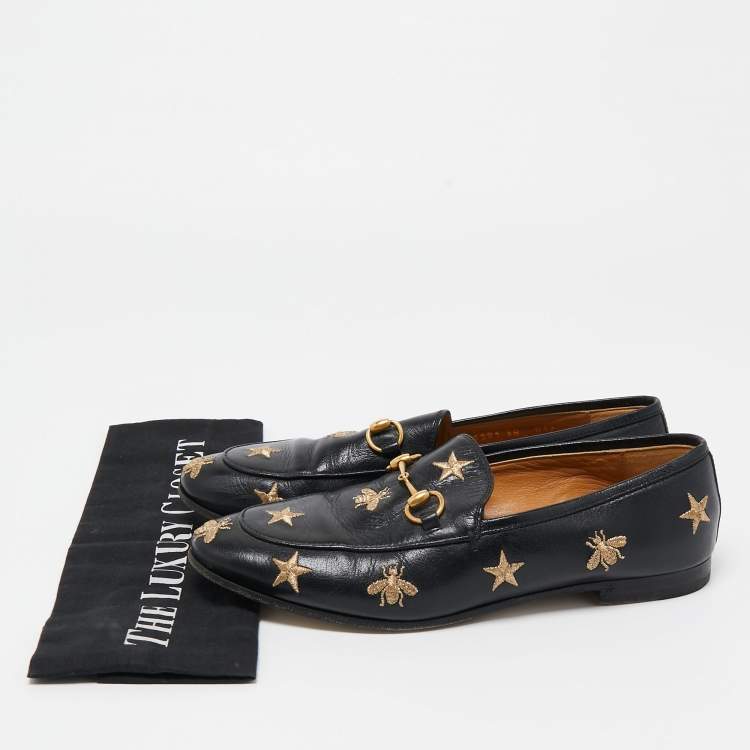 Pre Owned Gucci Black Leather Embroidered Slip On Loafers Size 38