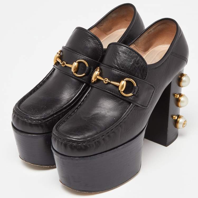 Pre Owned Gucci Black Leather Pearl Studded Vegas Platform Loafers Size 37.5