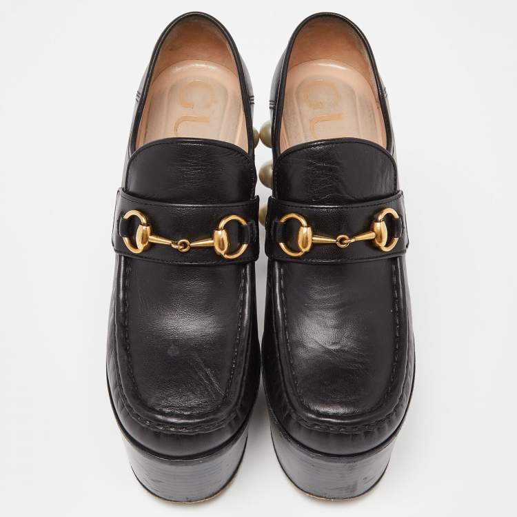 Pre Owned Gucci Black Leather Pearl Studded Vegas Platform Loafers Size 37.5
