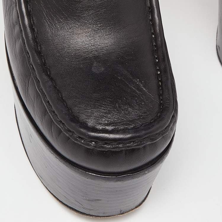 Pre Owned Gucci Black Leather Pearl Studded Vegas Platform Loafers Size 37.5