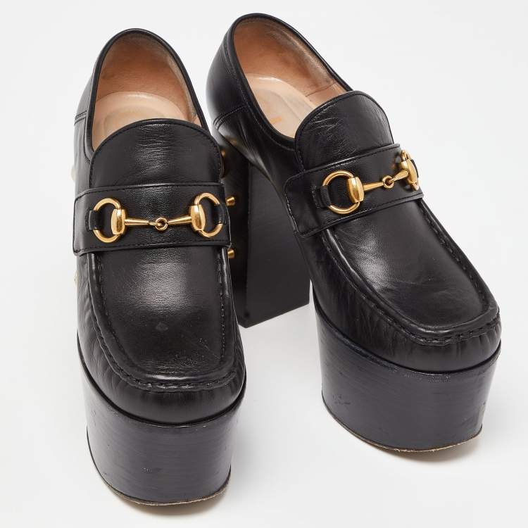 Pre Owned Gucci Black Leather Pearl Studded Vegas Platform Loafers Size 37.5