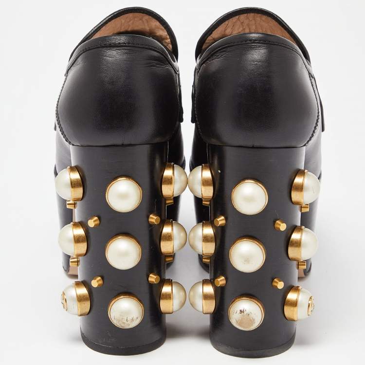 Pre Owned Gucci Black Leather Pearl Studded Vegas Platform Loafers Size 37.5