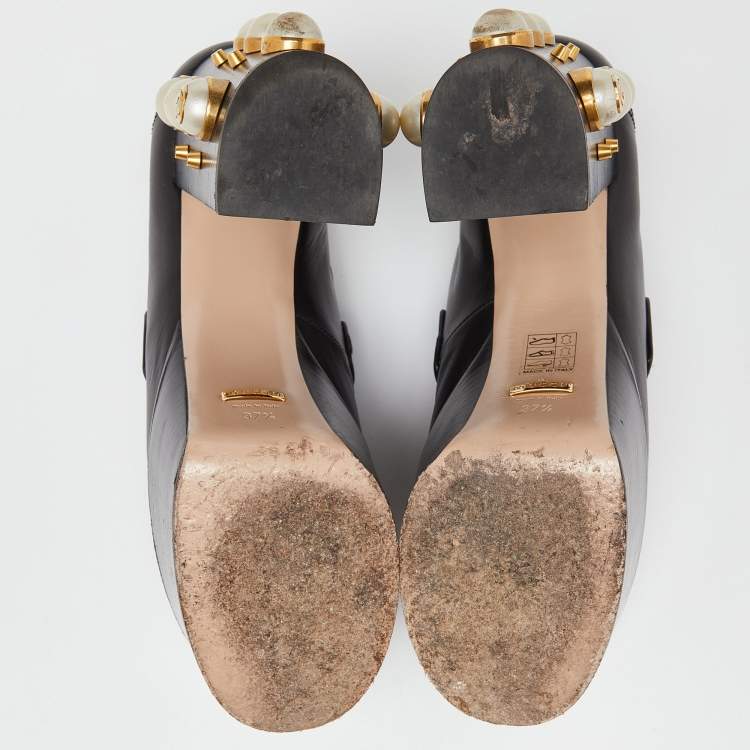 Pre Owned Gucci Black Leather Pearl Studded Vegas Platform Loafers Size 37.5