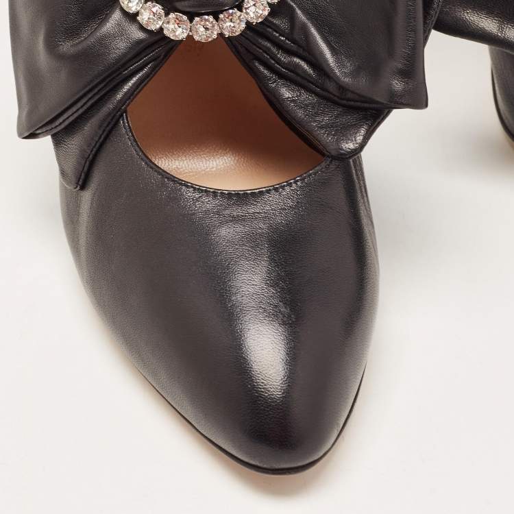 Pre Owned Gucci Black Leather Elaisa Removable Crystal Embellished Bow Strap Pumps Size 37.5