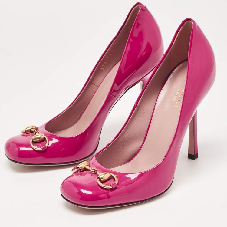 Pre Owned Gucci Fuchsia Patent Leather Horsebit Square Toe Pumps Size 36.5