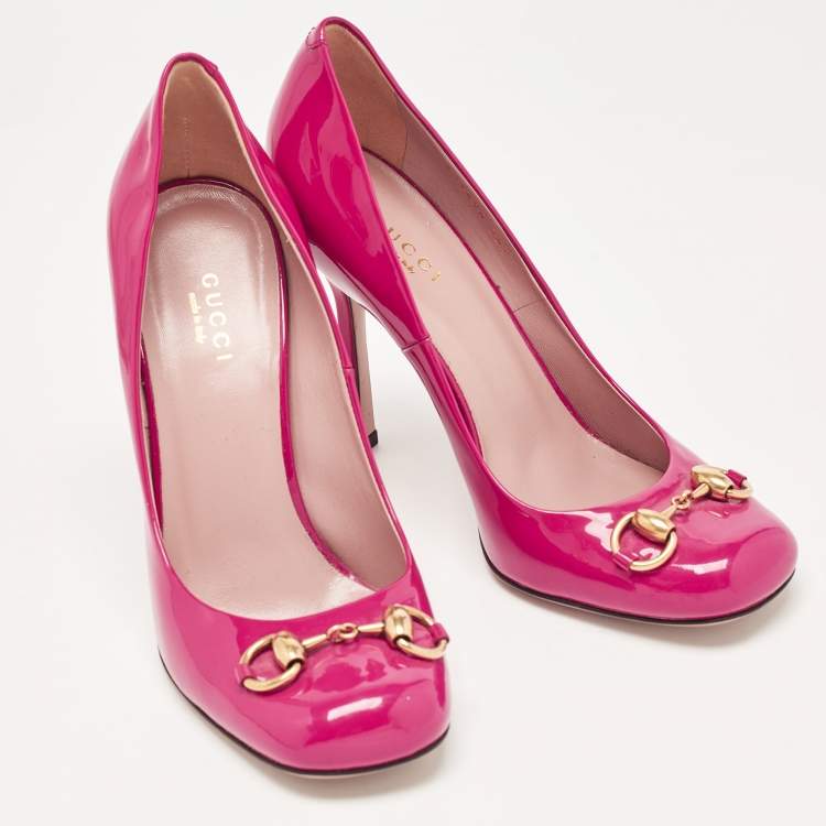 Pre Owned Gucci Fuchsia Patent Leather Horsebit Square Toe Pumps Size 36.5