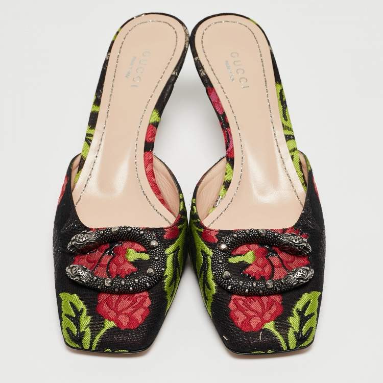 Pre Owned Gucci Multicolor Floral Brocade Fabric Dionysus Square Toe Slip On Mules Size 38