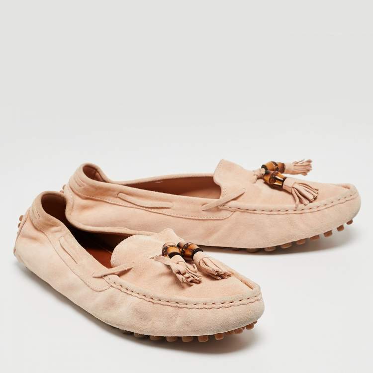 Pre Owned Gucci Light Pink Suede Bamboo Tassel Slip On Loafers Size 37.5