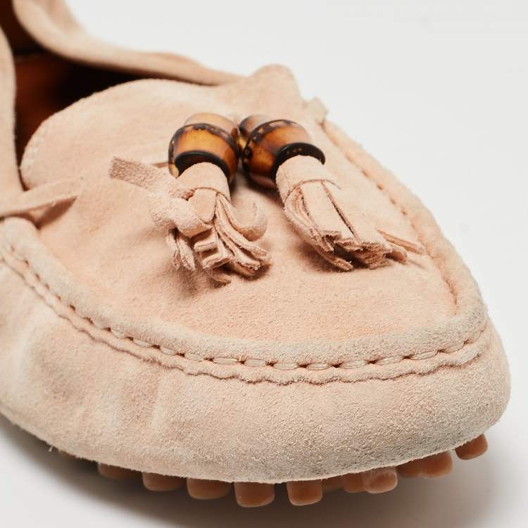 Pre Owned Gucci Light Pink Suede Bamboo Tassel Slip On Loafers Size 37.5