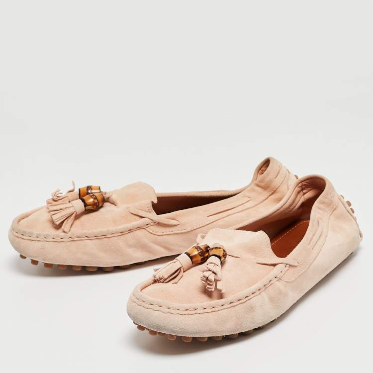 Pre Owned Gucci Light Pink Suede Bamboo Tassel Slip On Loafers Size 37.5