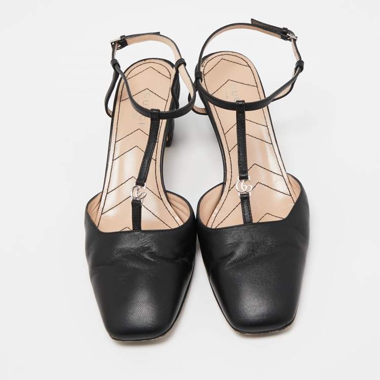 Pre Owned Gucci Black Leather GG Marmont Ankle Strap Pumps Size 36.5 