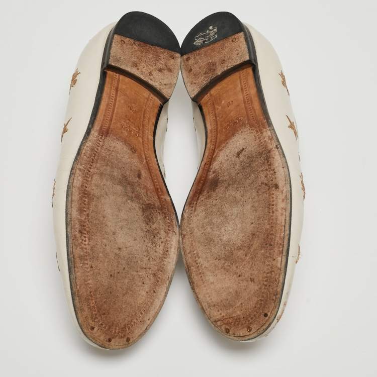 Pre Owned Gucci Cream Leather Bee & Star Embroidered Jordaan Loafers Size 40