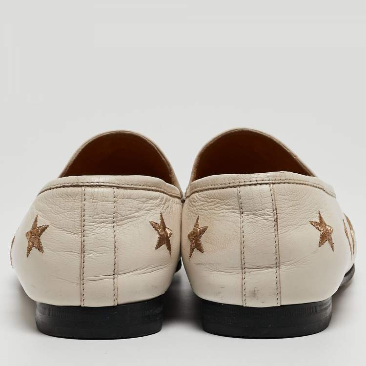 Pre Owned Gucci Cream Leather Bee & Star Embroidered Jordaan Loafers Size 40