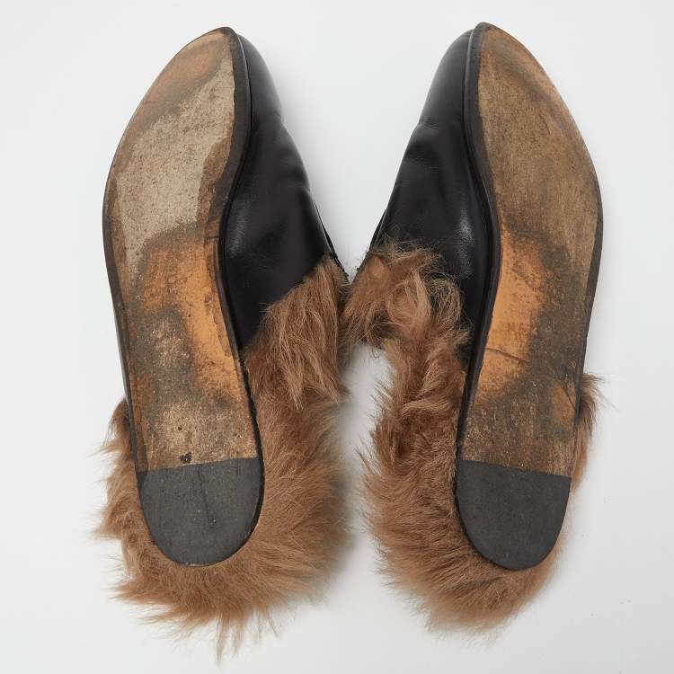 Pre Owned Gucci Black Leather and Fur Princetown Flat Mules Size 41