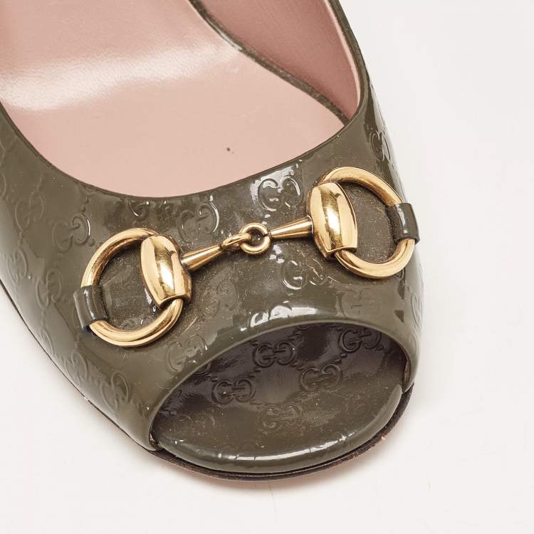 Pre Owned Gucci Green Guccissima Patent Leather Horsebit Open Toe Pumps Size 38