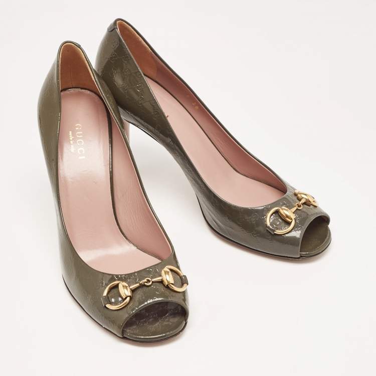Pre Owned Gucci Green Guccissima Patent Leather Horsebit Open Toe Pumps Size 38