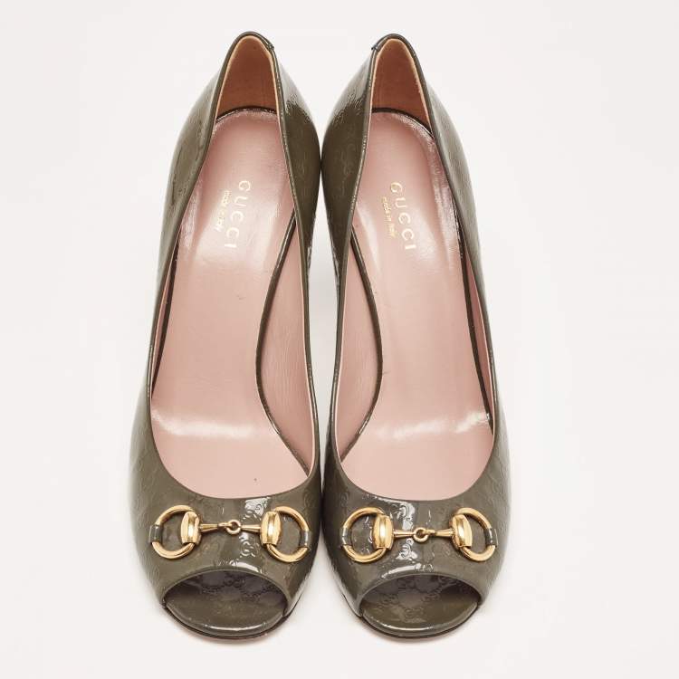 Pre Owned Gucci Green Guccissima Patent Leather Horsebit Open Toe Pumps Size 38