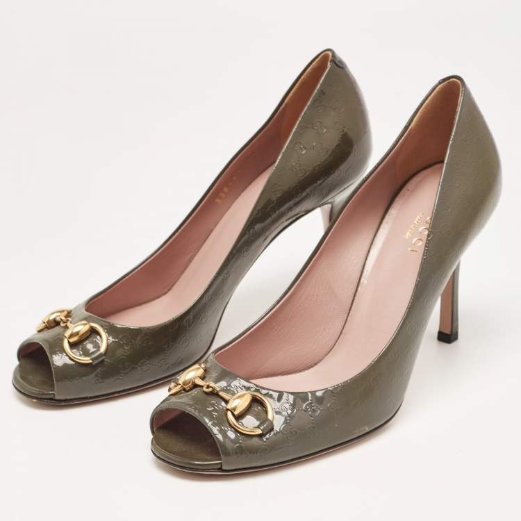 Pre Owned Gucci Green Guccissima Patent Leather Horsebit Open Toe Pumps Size 38