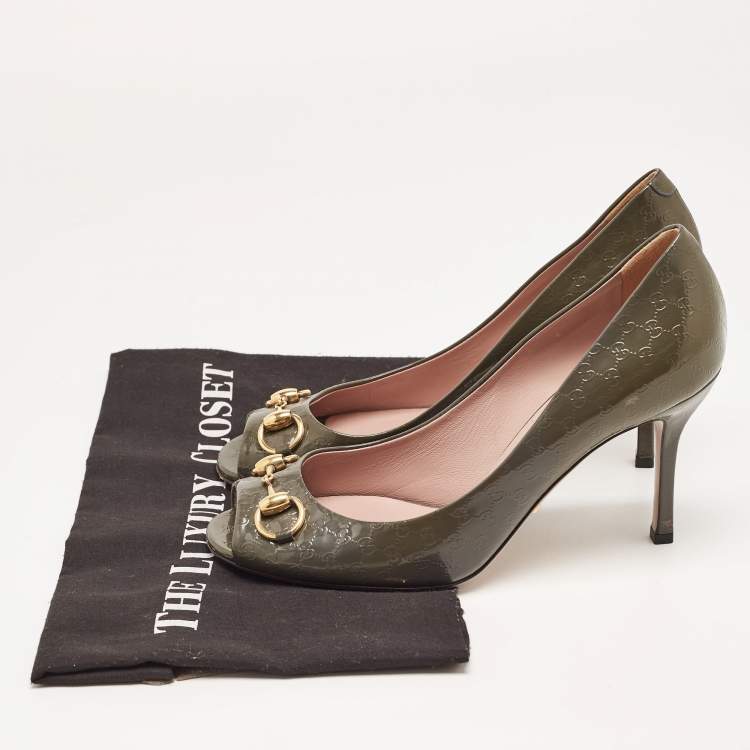 Pre Owned Gucci Green Guccissima Patent Leather Horsebit Open Toe Pumps Size 38