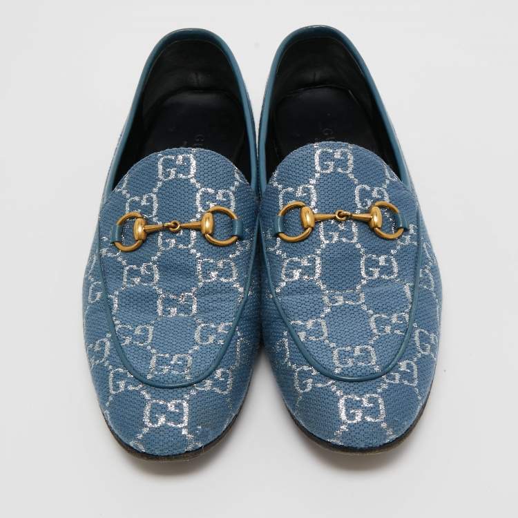 Pre Owned Gucci Blue/Silver Canvas and Leather Horsebit Jordaan Slip On Loafers Size 37