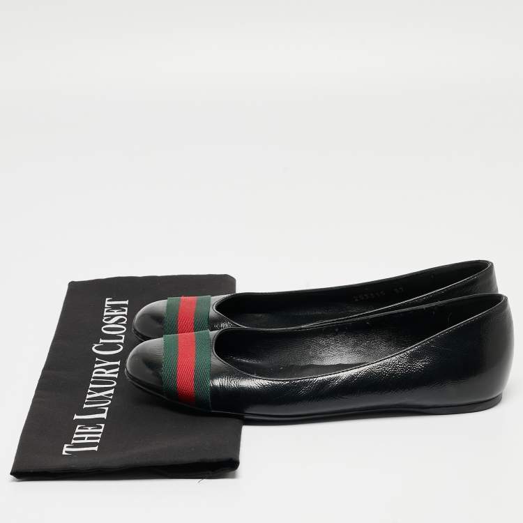 Pre Owned Gucci Black Leather Web Ballet Flats Size 37