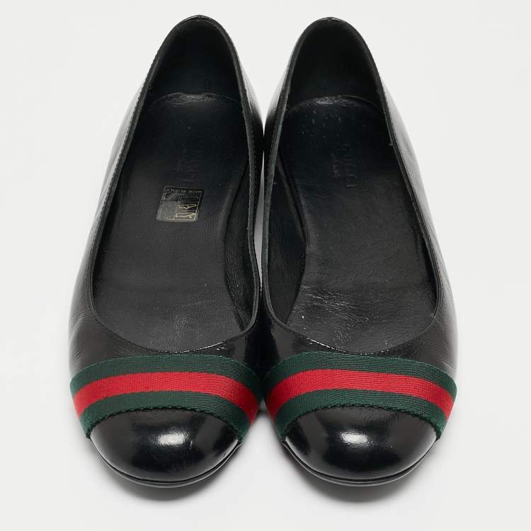 Pre Owned Gucci Black Leather Web Ballet Flats Size 37