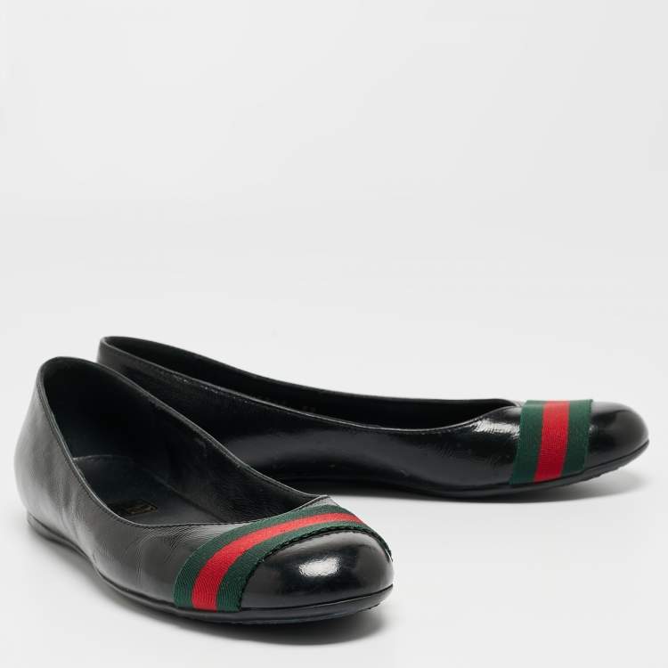 Pre Owned Gucci Black Leather Web Ballet Flats Size 37