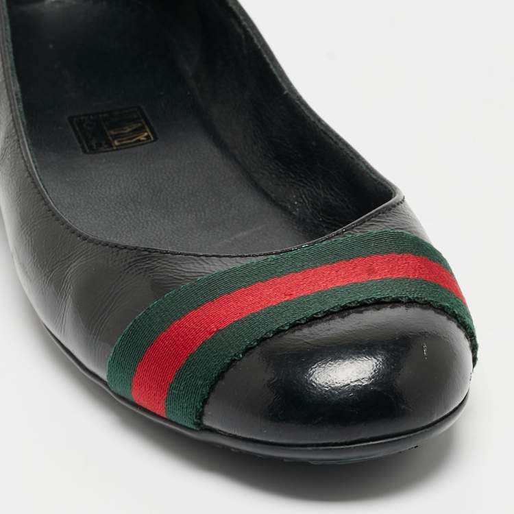 Pre Owned Gucci Black Leather Web Ballet Flats Size 37