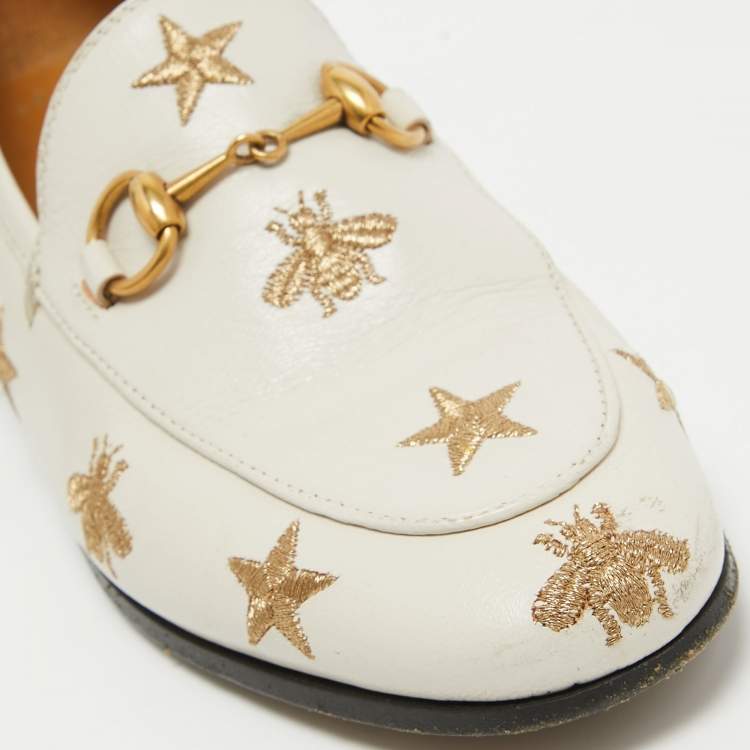 Pre Owned Gucci Cream Leather Jordaan Embroidered Bee Horsebit Slip On Loafers Size 35