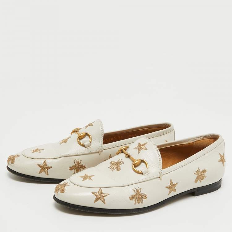 Pre Owned Gucci Cream Leather Jordaan Embroidered Bee Horsebit Slip On Loafers Size 35