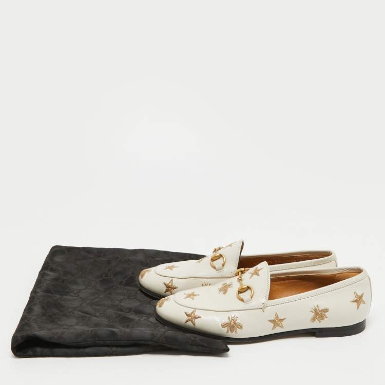Pre Owned Gucci Cream Leather Jordaan Embroidered Bee Horsebit Slip On Loafers Size 35