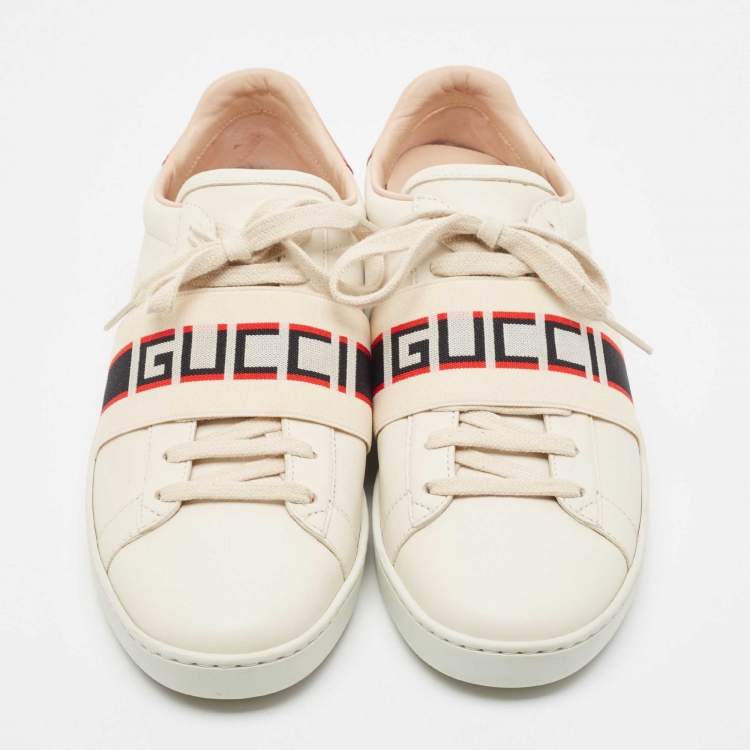 مملوكة مسبقًا Gucci Cream Leather Logo Elastic Band Ace Sneakers Size 39