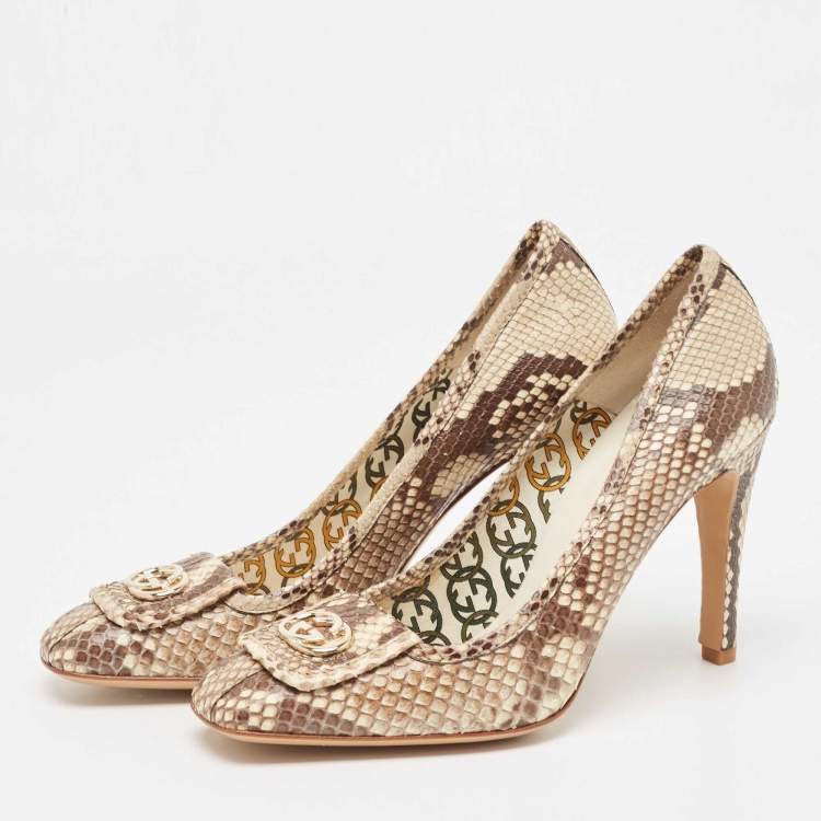 مملوكة مسبقًا Gucci Brown/Beige Python GG Loafer Pumps Size 39.5