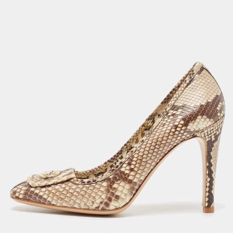 مملوكة مسبقًا Gucci Brown/Beige Python GG Loafer Pumps Size 39.5