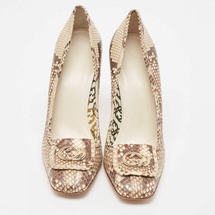 مملوكة مسبقًا Gucci Brown/Beige Python GG Loafer Pumps Size 39.5