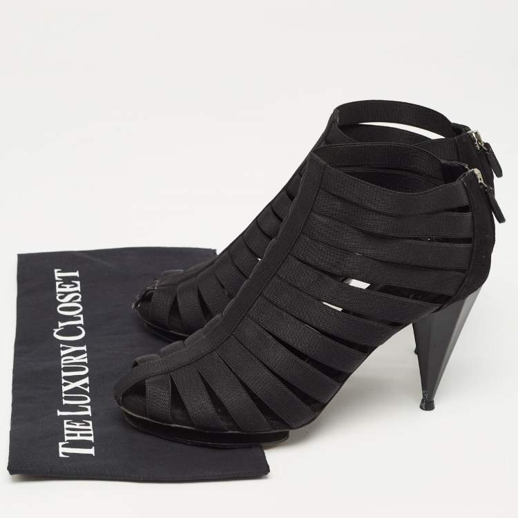 Pre Owned Gucci Black Elastic and Suede Strappy Ankle Booties Size 38.5