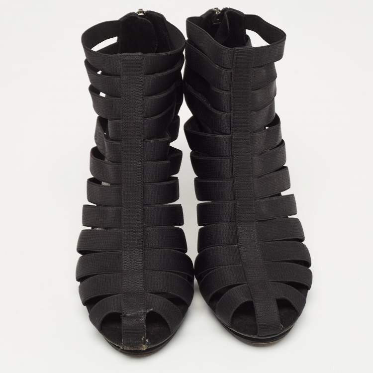 Pre Owned Gucci Black Elastic and Suede Strappy Ankle Booties Size 38.5