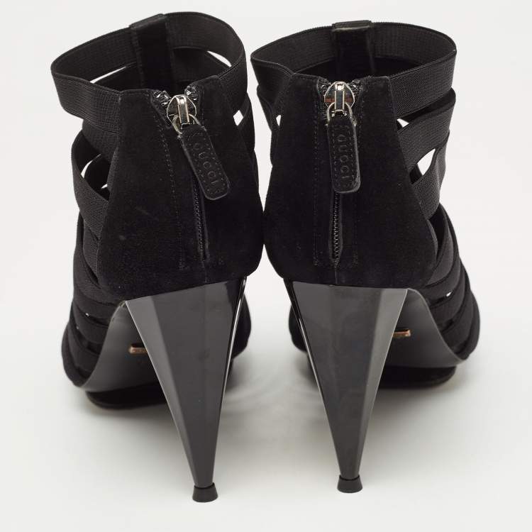 Pre Owned Gucci Black Elastic and Suede Strappy Ankle Booties Size 38.5