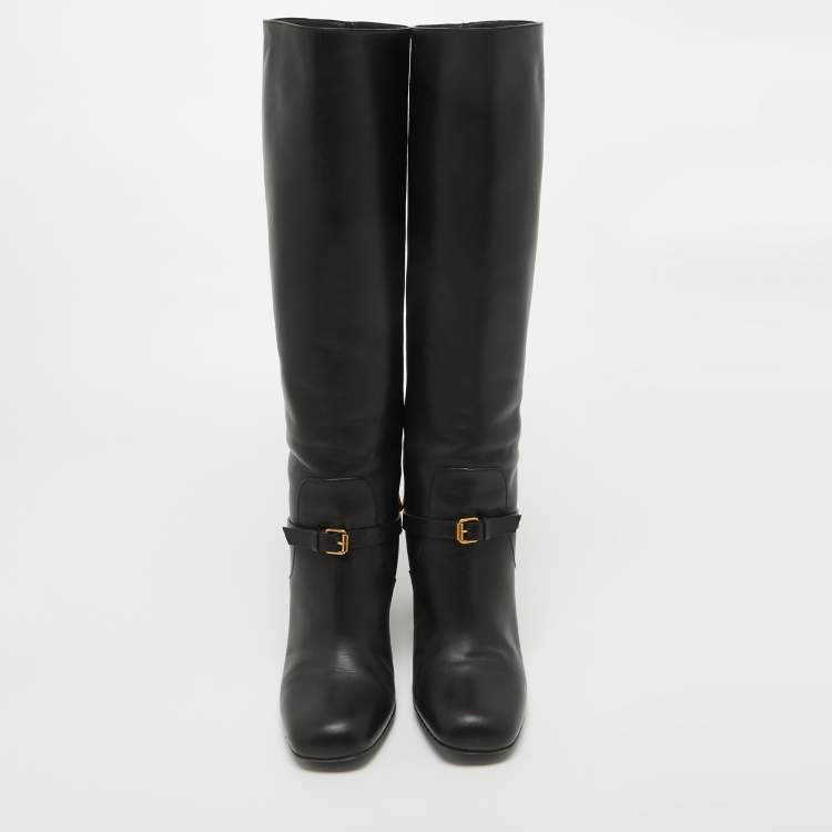 Pre Owned Gucci Black Leather Horsebit Knee Length Boots Size 36.5