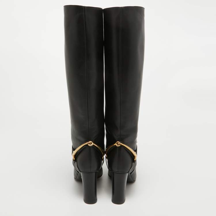 Pre Owned Gucci Black Leather Horsebit Knee Length Boots Size 36.5