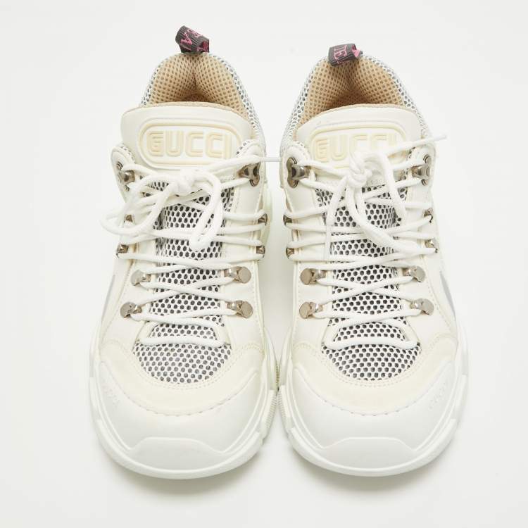 Pre Owned Gucci White/Cream Canvas Leather Flashtrek Sneakers Size 39.5