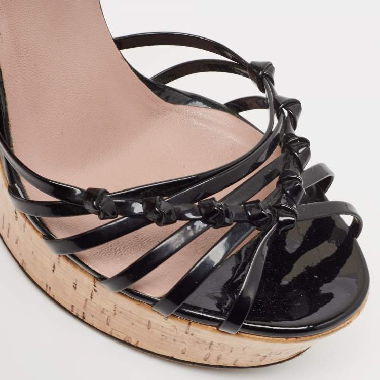 Pre Owned Gucci Black Patent Studded Cork Wedge Sandals Size 40